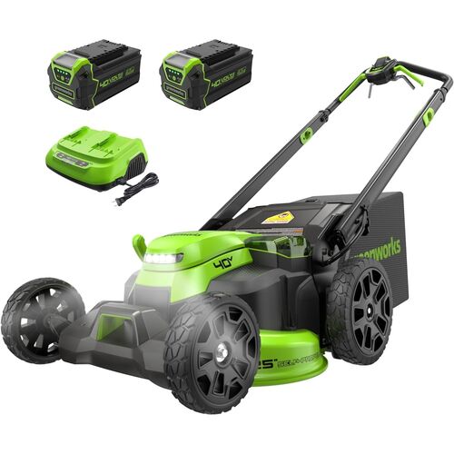 40V 25″ Cordless Battery Brushless Dual Blade Self-Propelled Lawn Mower w/ (2) 4.0Ah Batteries & Dual Port Charger