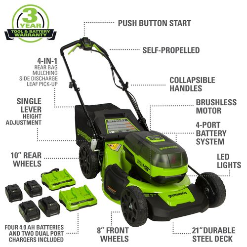 48V (2x24V) 21″ Cordless Battery Self-Propelled Lawn Mower w/ (4) 4.0Ah Batteries & (2) Dual Port Chargers