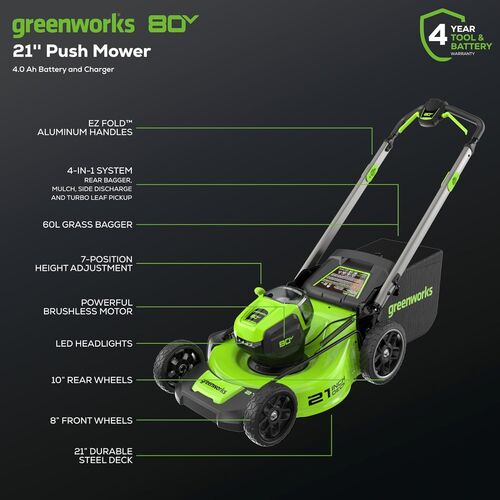 80V 21″ Cordless Battery 4-in-1 Push Lawn Mower w/ 4.0Ah Battery & Charger