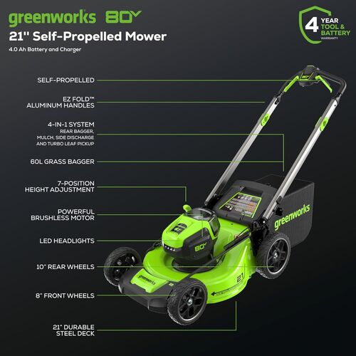 80V 21″ Cordless Battery 4-in-1 Self-Propelled Lawn Mower w/ 4.0Ah Battery & Charger