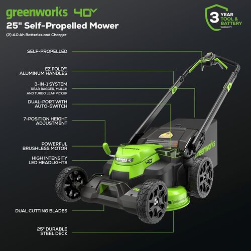 40V 25″ Cordless Battery Brushless Dual Blade Self-Propelled Lawn Mower w/ (2) 4.0Ah Batteries & Dual Port Charger