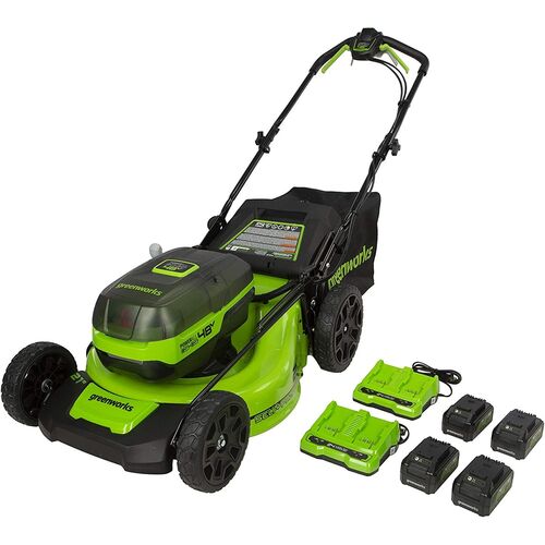 48V (2x24V) 21″ Cordless Battery Self-Propelled Lawn Mower w/ (4) 4.0Ah Batteries & (2) Dual Port Chargers