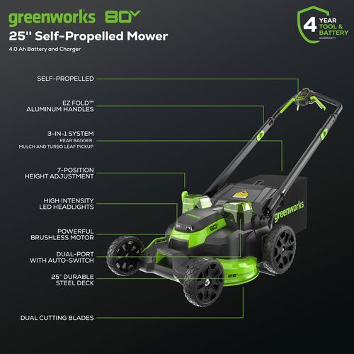 80V 25″ Cordless Battery Dual Blade Self-Propelled Mower w/ 4.0Ah Battery & Rapid Charger