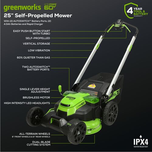 60V 25″ Cordless Battery Dual Blade Self-Propelled Lawn Mower w/ Two (2) 4.0Ah Batteries & Dual-Port Charger