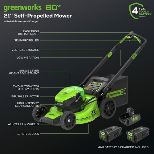 80V 21″ Cordless Battery 4-in-1 Self-Propelled Mower w/ (2) 4.0Ah Batteries & Charger