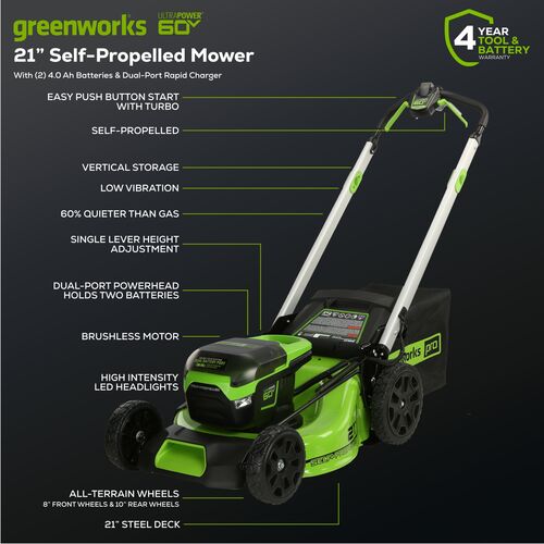 60V 21″ Cordless Battery Self-Propelled Lawn Mower w/ Two (2) 4.0Ah Batteries & Dual Port Charger