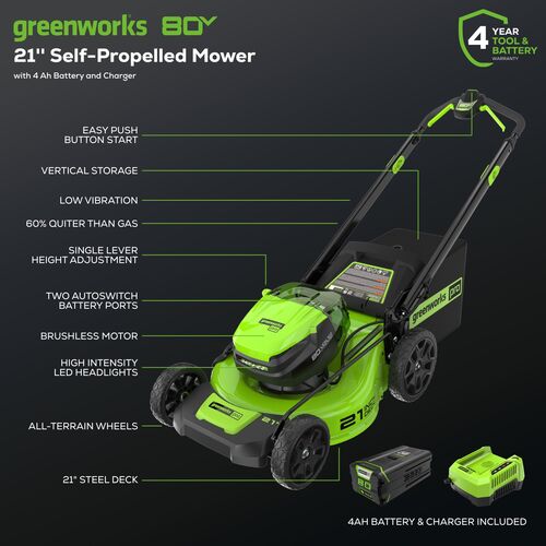 80V 21″ GEN 2 Cordless Battery 4-in-1 Push Lawn Mower(Auto Switch) w/ 4.0Ah Battery & Charger