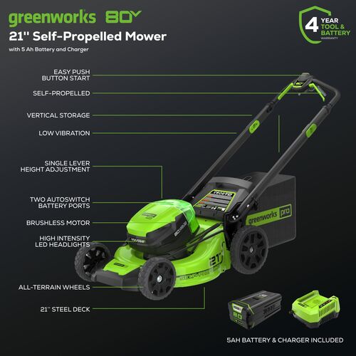 80V 21″ Cordless Battery 4-in-1 Self-Propelled Lawn Mower w/ 5.0Ah Battery & Rapid Charger