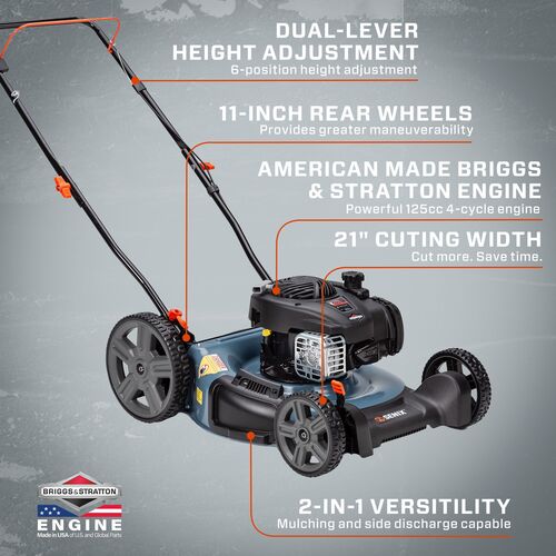 21-Inch 125cc Gas Powered Push Lawn Mower, 2-In-1, Mulch and Side Discharge, High Rear Wheels, LSPG-M4