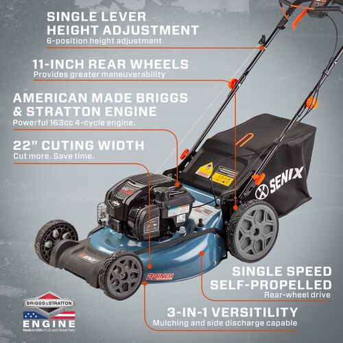 22-Inch 163cc Gas Powered 4-Cycle Self-Propelled Lawn Mower, 3-In-1, Mulch, Side Discharge & Rear Bagging, LSSG-H1